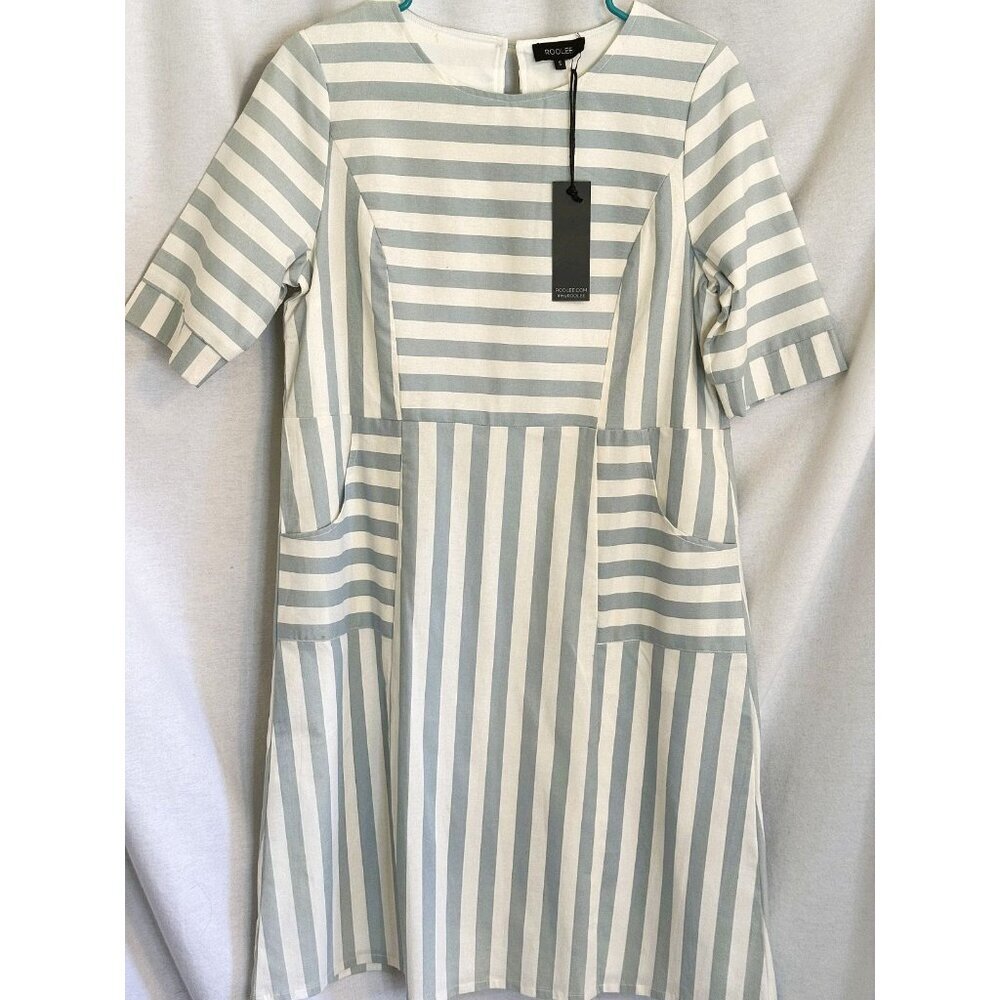 White Sh. Slve Dress w/Lt. Blue Stripe, by Roolee, New w/Tag, Cotton, Size Small